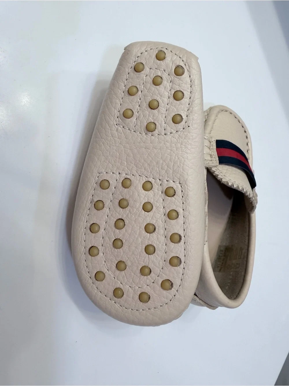 Elephantito Cream Moccasins with Navy & Red Stripe